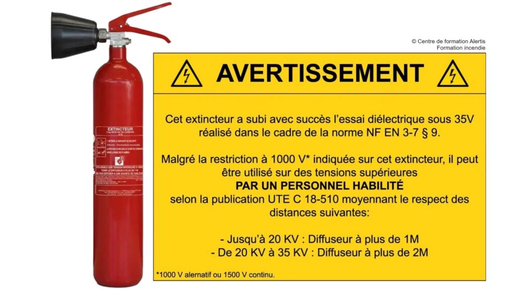 Extincteur co2 feu d'origine électrique, utilisable sur tension supérieure à 1000V